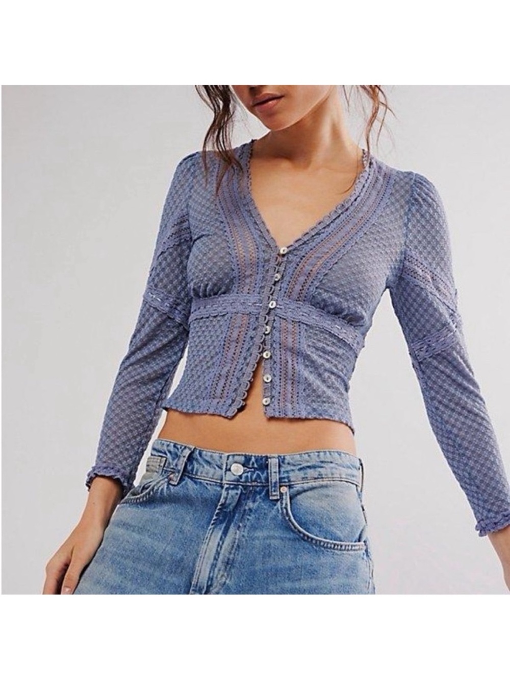 Free People Lavender Lace-Trim Knit Button-Front Top